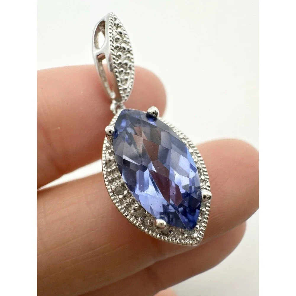 925 Sterling Silver Marquise blue Spinel Pendant with Diamond